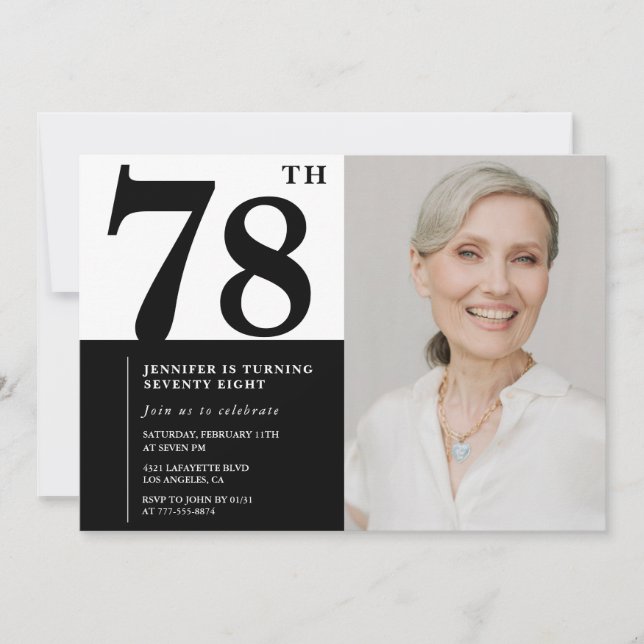 Chic Black White Photo 78th Birthday Invitation (Front)