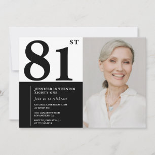 Chic Black White Photo 81st Birthday Invitation