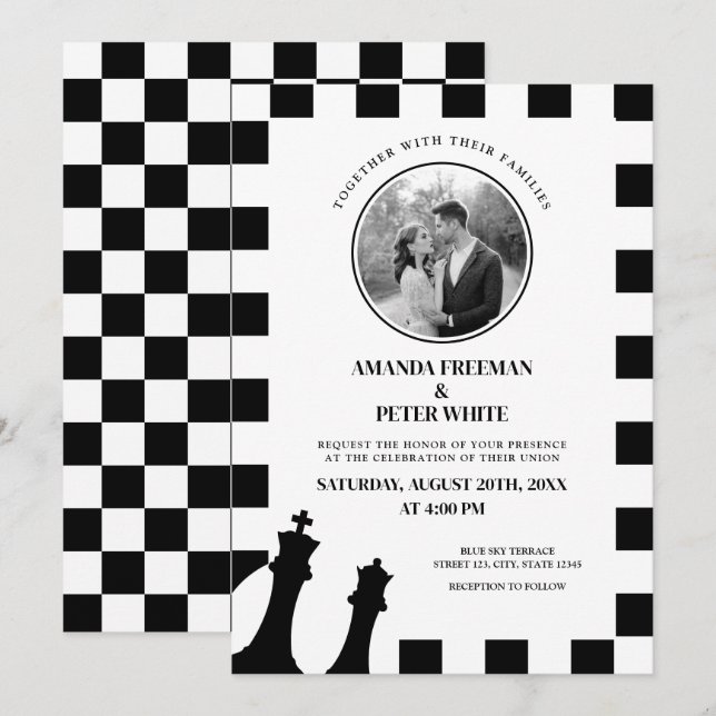 Chic Black & White Photo Chequered Pattern Wedding Invitation (Front/Back)