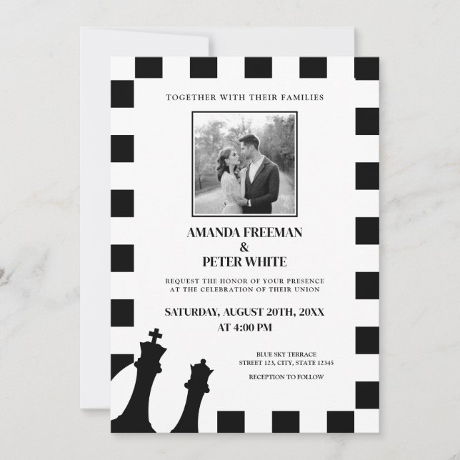 Chic Black & White Photo Chequered Pattern Wedding Invitation (Front)