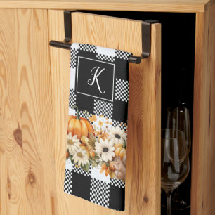 Chic Black White Plaid Fall Garden Monogrammed  Tea Towel