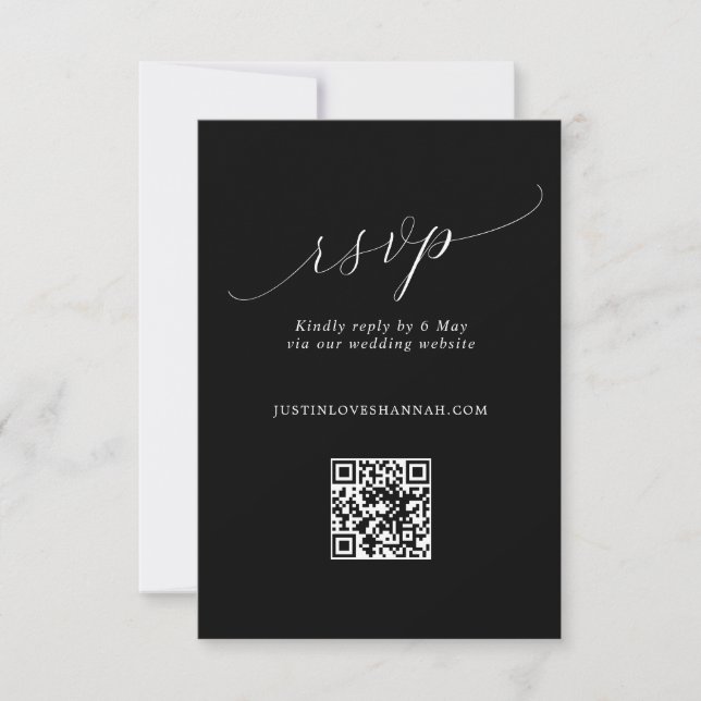 Chic Black & White Romantic Script Wedding QR Code RSVP Card (Front)