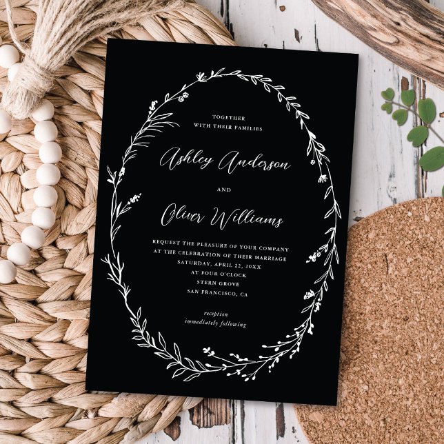 Chic Black White Rustic Wildflower Wreath Wedding Invitation (Creator Uploaded)