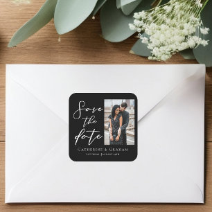 Chic Black White Script Couple Photo Save the Date Square Sticker