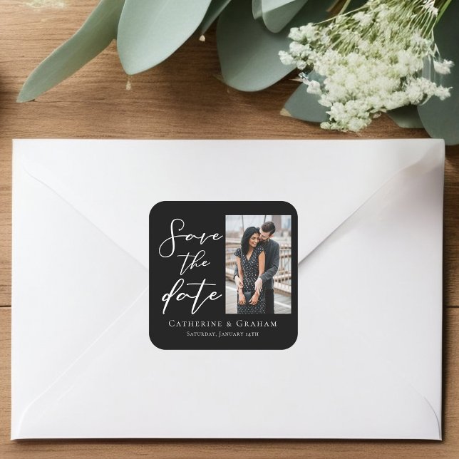 Chic Black White Script Couple Photo Save the Date Square Sticker (Creator Uploaded)
