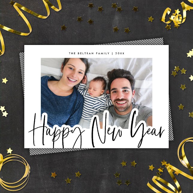 Chic Black & White Script New Year Photo Holiday Card (Creator Uploaded)