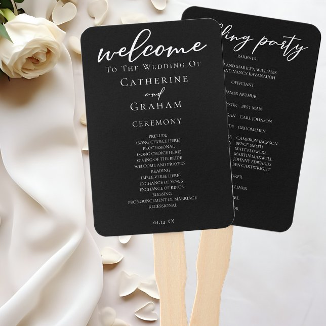 Chic Black White Script Wedding Program Hand Fan (Creator Uploaded)