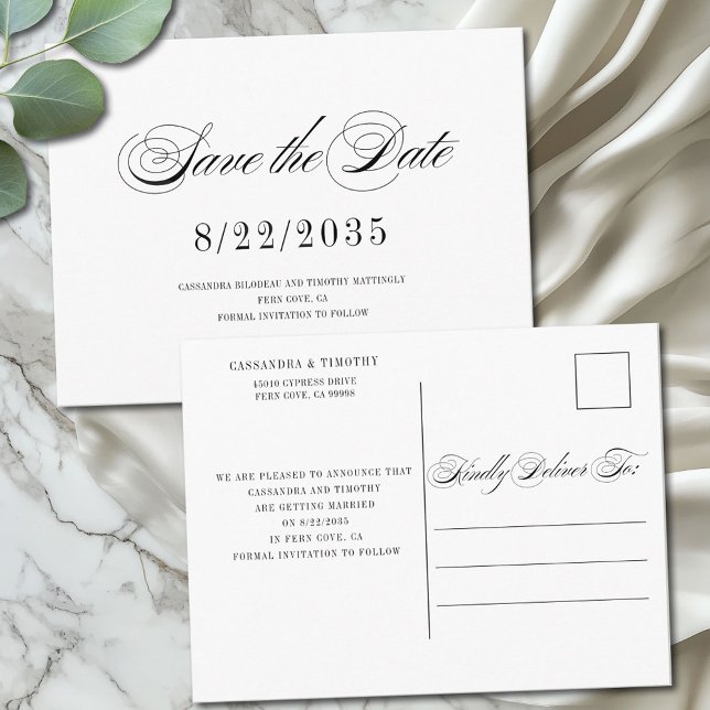 Chic Black White Script Wedding Save the Date Postcard (Elegant minimal Save the Date postcard with customizable return address and message on the back)