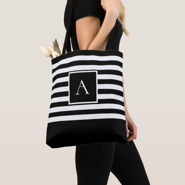 CHIC BLACK WHITE STRIPE Square Letter Monogram Tote Bag (Close Up)