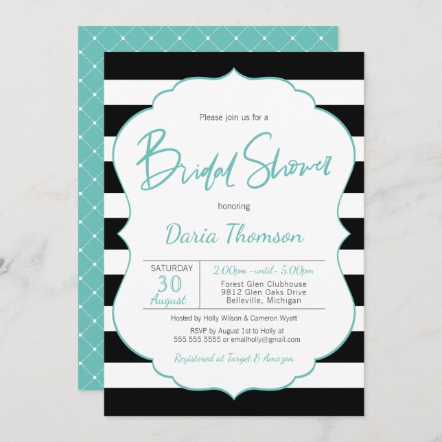 Chic Black & White Stripe Turquoise Bridal Shower Invitation (Front/Back)