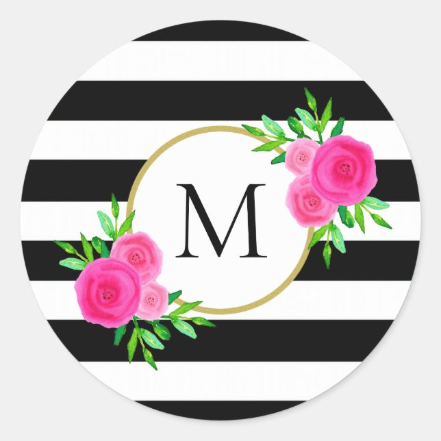 Chic Black White Striped Pink Floral Monogram Classic Round Sticker (Front)