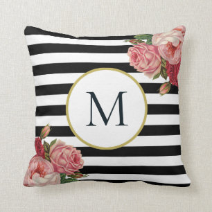 Chic Black White Striped Retro Floral Monogram Cushion