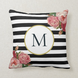 Chic Black White Striped Retro Floral Monogram Cushion