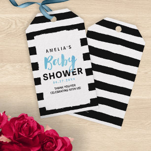 Chic Black & White Stripes Blue Baby Shower Gift Tags
