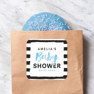 Chic Black & White Stripes Blue Baby Shower Square Sticker