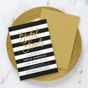Chic Black & White Stripes Faux Gold Bridal Shower Invitation