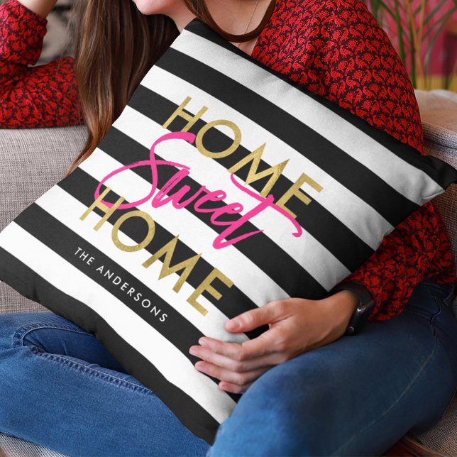 Chic Black & White Stripes Gold Home Sweet Home Cushion (Creator Uploaded)