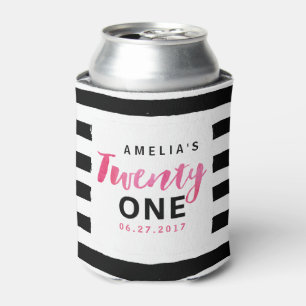 Chic Black & White Stripes Pink 21st Birthday Can Cooler