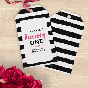 Chic Black & White Stripes Pink 21st Birthday Gift Tags