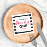 Chic Black & White Stripes Pink 21st Birthday Napkin<br><div class="desc">Impress your guests with this personalised chic Twenty First Birthday napkin featuring a stylish black and white stripes background and the word "Twenty" in script pink watercolor. Check out the matching Twenty First Birthday Invitation in my store http://www.zazzle.com/chic_black_and_white_21st_birthday_invitation-256536077939828684?rf=238364477188679314 Personalise it by replacing the placeholder text. For more options such as...</div>