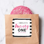 Chic Black & White Stripes Pink 21st Birthday Square Sticker<br><div class="desc">This chic "twenty one" square sticker features a stylish black and white stripes background and the word "Twenty" in pretty pink watercolor. Use it to seal your envelopes, favour bags or as decoration for a twenty first birthday party. Do take a look at the matching 21st Birthday Invitation in my...</div>