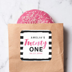 Chic Black & White Stripes Pink 21st Birthday Square Sticker