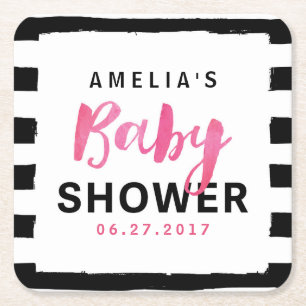 Chic Black & White Stripes Pink Baby Shower Square Paper Coaster