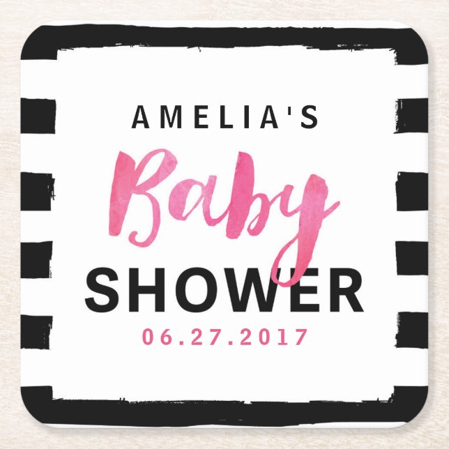 Chic Black & White Stripes Pink Baby Shower Square Paper Coaster (Front)
