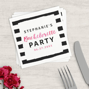Chic Black & White Stripes Pink Bachelorette Party Napkin