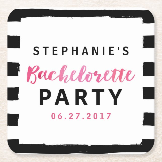 Chic Black & White Stripes Pink Bachelorette Party Square Paper Coaster (Front)