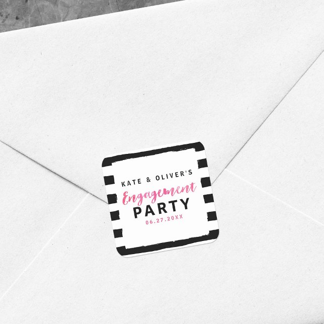 Chic Black & White Stripes Pink Engagement Party Square Sticker (Creator Uploaded)