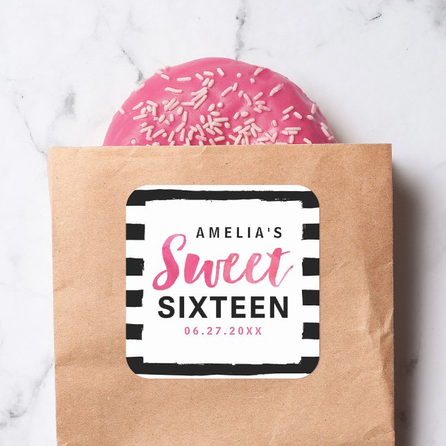 Chic Black & White Stripes Pink Sweet 16 Square Sticker (Creator Uploaded)