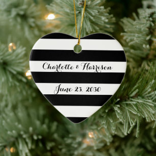 Chic black white stripes script names Christmas Ceramic Tree Decoration