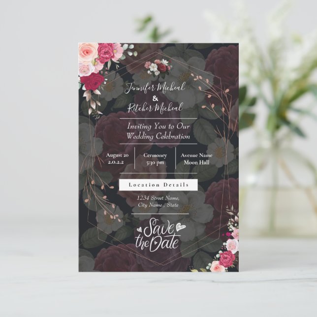 Chic Black & White Theme with Burgundy Flowers  Invitation (Standing Front)