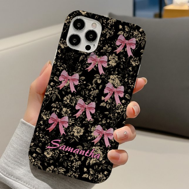 Chic black white toile pink coquette bows monogram Case-Mate iPhone case (Creator Uploaded)