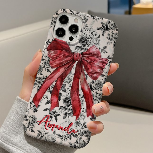 Chic black white toile red coquette bow monogram Case-Mate iPhone case (Creator Uploaded)