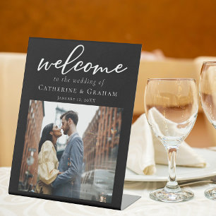 Chic Black White Wedding Couple Photo Welcome Pedestal Sign