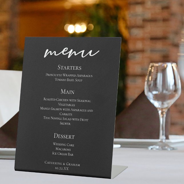 Chic Black White Wedding Dinner Menu Pedestal Sign (Creator Uploaded)