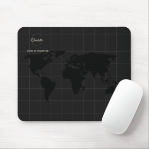 Chic Black White World Map Monogram Name Mouse Pad