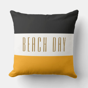 Chic Black White Yellow Stripes BEACH DAY Text  Cushion