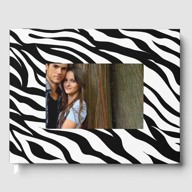 Chic black white zebra print safari birthday party guest book (Front)