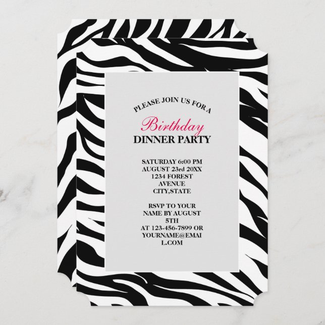 Chic black white zebra print safari birthday party invitation (Front/Back)