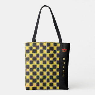 Chic black, & yellow chequered & calligraphy tote bag
