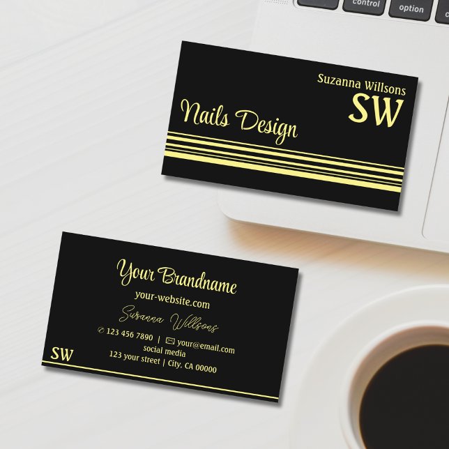 Chic Black Yellow Stripes with Monogram Stylish Business Card (Creator Uploaded)