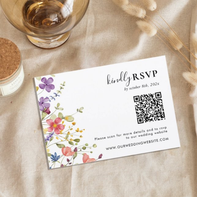 Chic Blooming Wild Flowers QR Code Wedding RSVP Card (Creator Uploaded)
