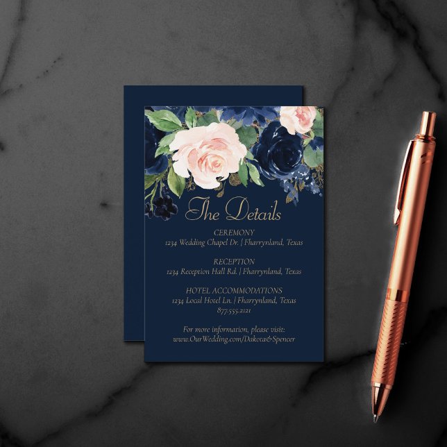 Chic Blooms | Dark Navy and Blush Guest Details Enclosure Card (Creator Uploaded)