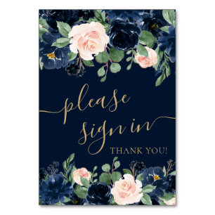 Chic Blooms Dark Navy and Blush Please Sign-In Table Number
