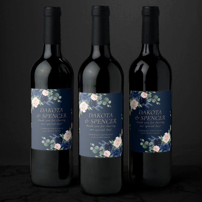 Chic Blooms | Dark Navy and Blush Save the Date Wine Label (Creator Uploaded)