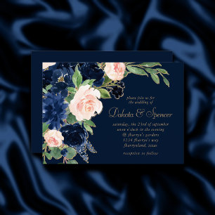 Chic Blooms Dark Navy Blue and Blush Bouquet Invitation