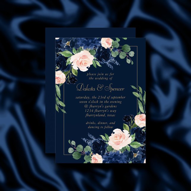 Chic Blooms | Dark Navy Blue and Blush Pink Floral Invitation (Creator Uploaded)